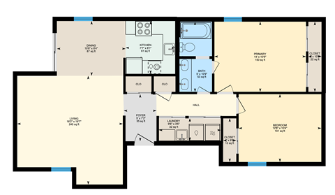 Floor plan for 2 beds, 1 bath, 1048 sqft